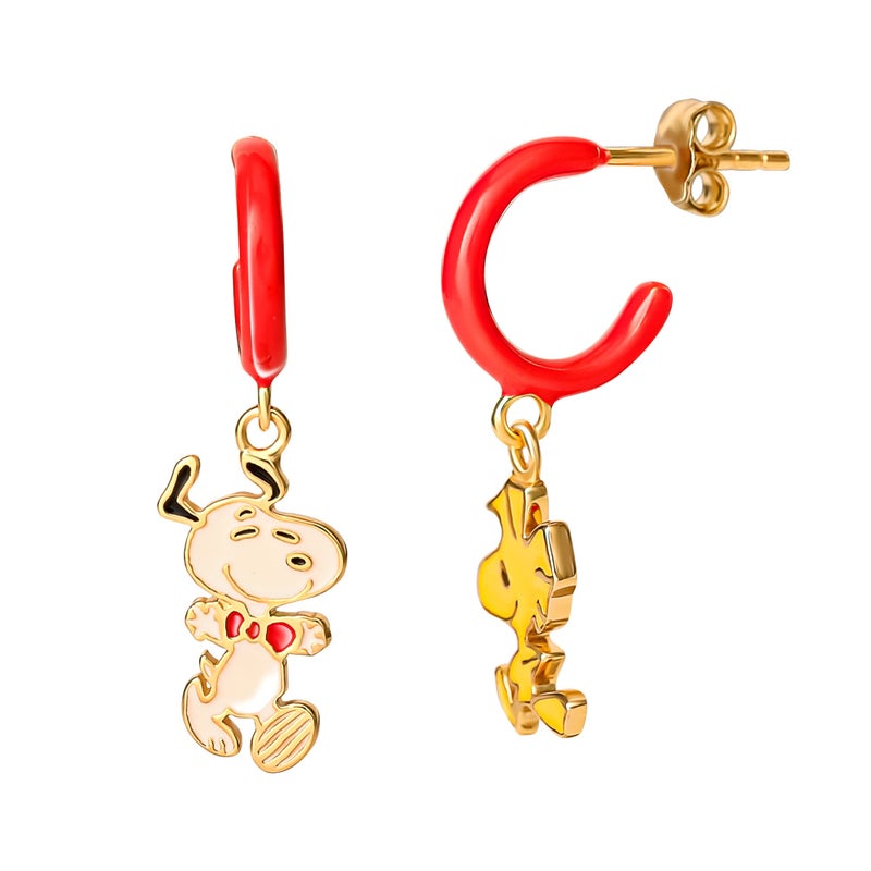 Peanuts Womens Flash Plated Sterling Silver and Enamel Woodstock and Snoopy Earrings - Small Hoop Dangle Earrings with Woodstock and Snoopy Charm - Officially Licensed - Image 5