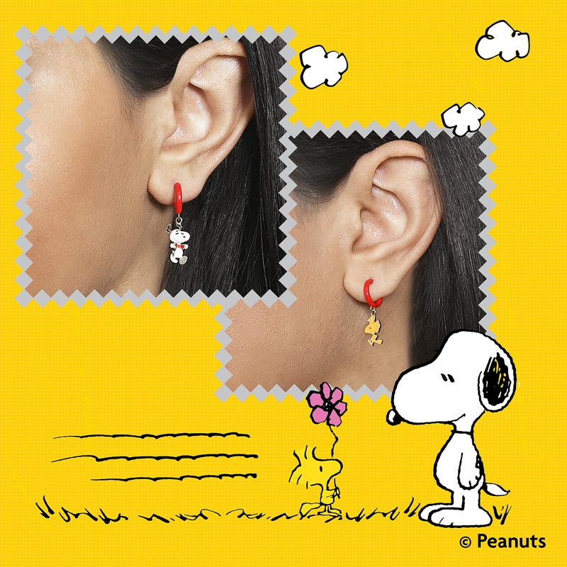 Peanuts Womens Flash Plated Sterling Silver and Enamel Woodstock and Snoopy Earrings - Small Hoop Dangle Earrings with Woodstock and Snoopy Charm - Officially Licensed - Image 2