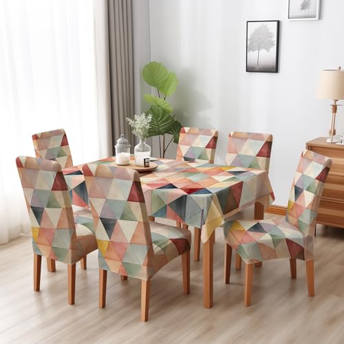 BRIDA® Polyester Spandex Stretchable Floral Geometric Printed Dining Chair Covers Elastic Chair Seat Case Protector, Slipcovers (6 Seater Table Cover + 6 Chair Cover, Multicolor Triangle) - Image 1