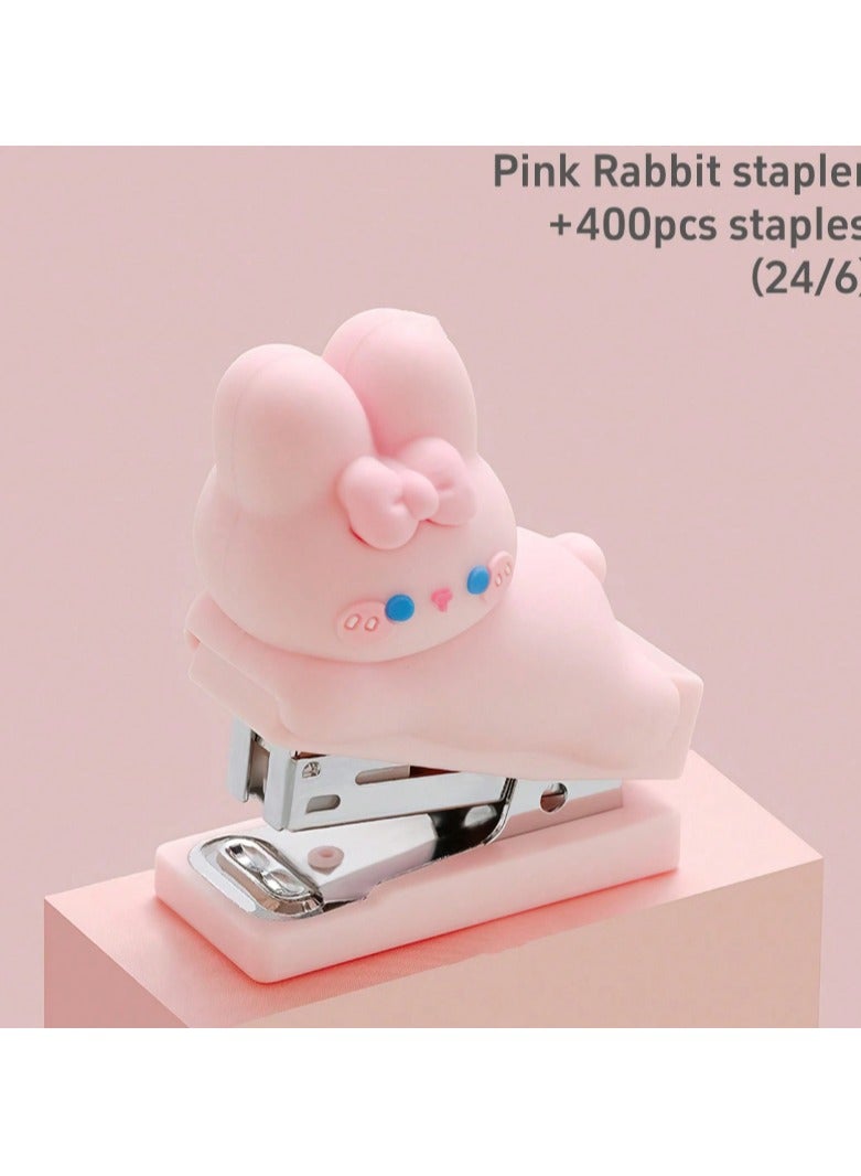 Pink Rabbit Stapler + 400pcs Staples – Cute Desktop Stapler with Bow & Blue Eyes (24/6 Size)