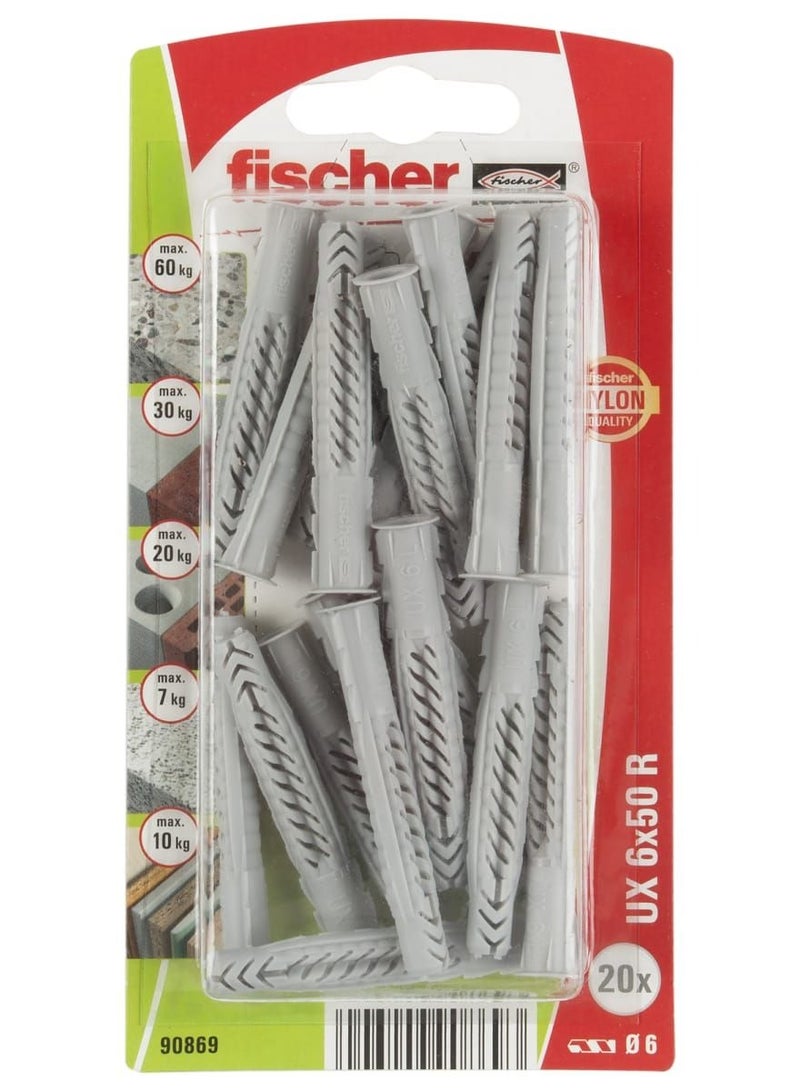 Fischer Nylon Universal Fixing Plug W/Collar Head UX 6x50 RB 14Pcs