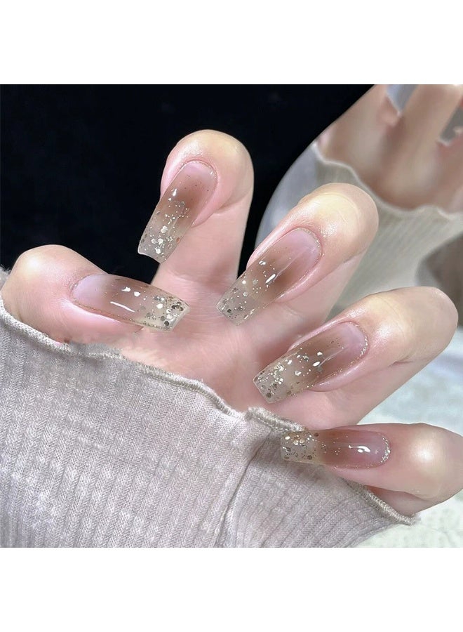 Goolsky Transparent Tea Brown Long Press - on Nails with Blush Glitter for Elegant Daily Look - Image 1