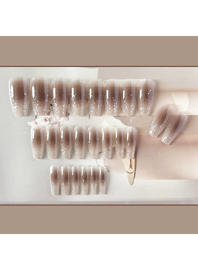 Goolsky Transparent Tea Brown Long Press - on Nails with Blush Glitter for Elegant Daily Look - Image 3