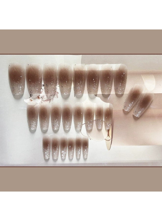 Goolsky Transparent Tea Brown Long Press - on Nails with Blush Glitter for Elegant Daily Look - Image 4