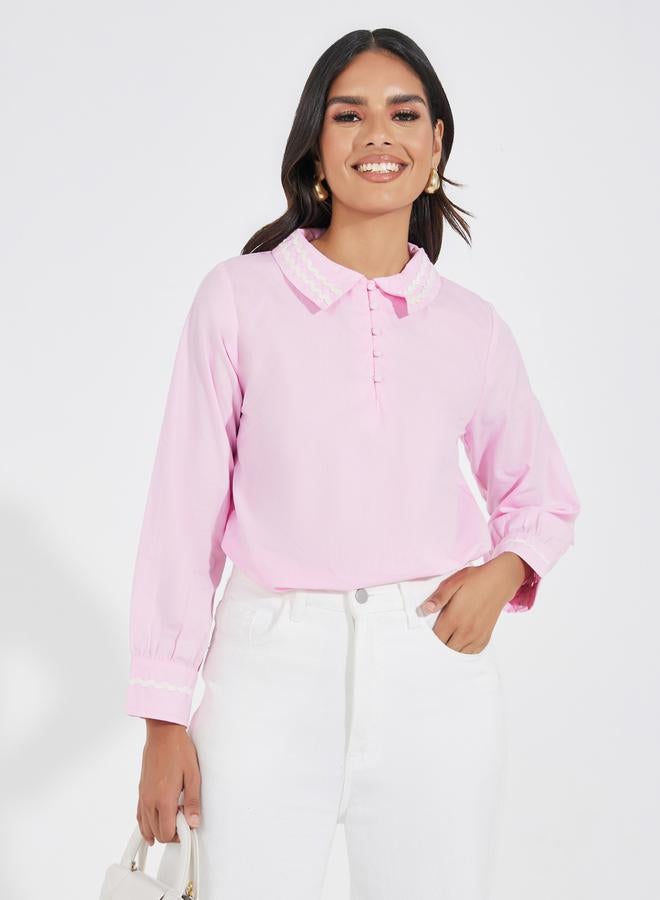 Styli Contrast Trim Detail Shirt with Half Placket - Image 1