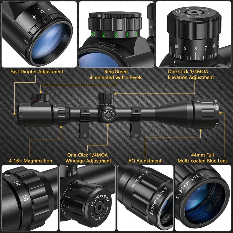 CVLIFE 4-16x44 AO Rifle Scope Red and Green Illuminated Scope with Locking Turret Sunshade and Mount Included - Image 2
