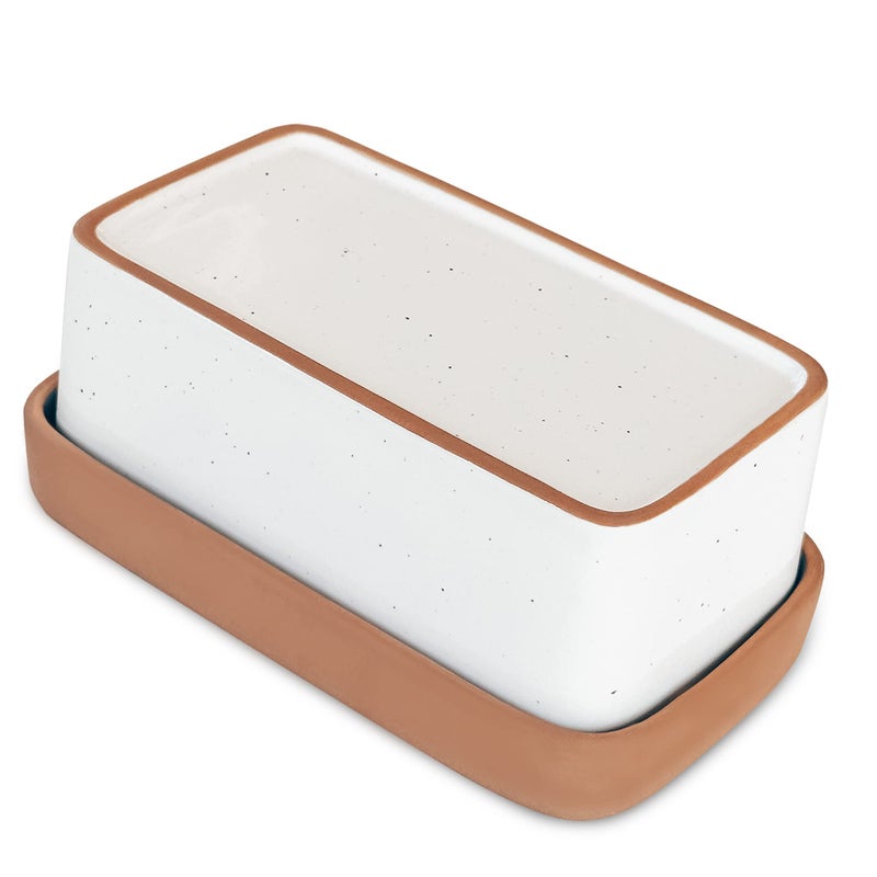 Mora Ceramic Two-in-One Butter Dish with Lid, Covered Butter Crock Container to Leave on Countertop - Large Storage Keeper/Holder for Kitchen, Gifts for Her, Butter Tray For Counter - Vanilla White - Image 1