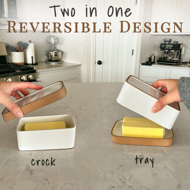 Mora Ceramic Two-in-One Butter Dish with Lid, Covered Butter Crock Container to Leave on Countertop - Large Storage Keeper/Holder for Kitchen, Gifts for Her, Butter Tray For Counter - Vanilla White - Image 2