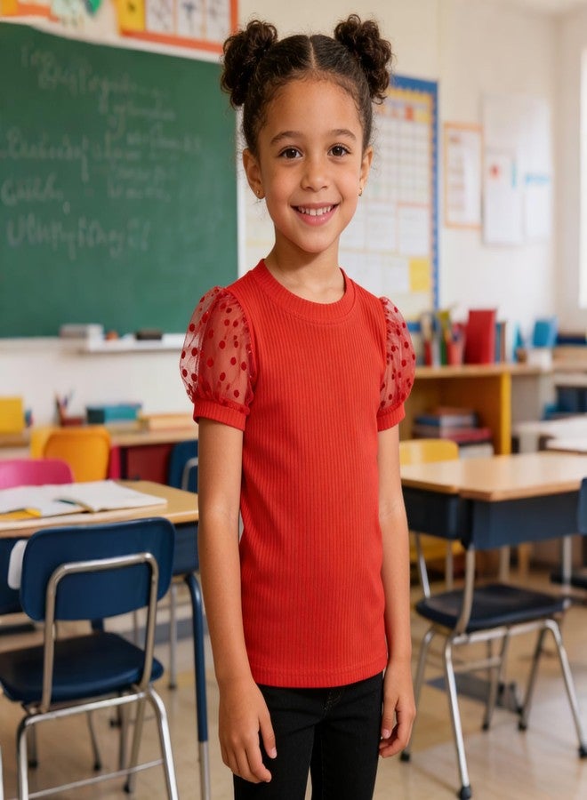 بمعنى سحر بمعنى حديقة تيشيرتات ماجيك بارك للأطفال الرضع من عمر سنة إلى 6 سنوات، تيشيرتات مضلعة بأكمام منفوخة، تيشيرتات محبوكة للأطفال، تيشيرتات كاجوال بألوان سادة للبنات (أكمام منفوخة حمراء، من عمر سنتين إلى 3 سنوات) - Image 2