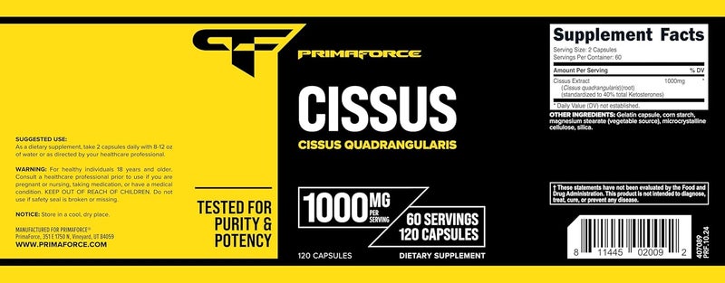 Primaforce Cissus Quadrangularis Extract 120 Capsules 1000mg per Serving  Gluten Free NonGMO - Image 5