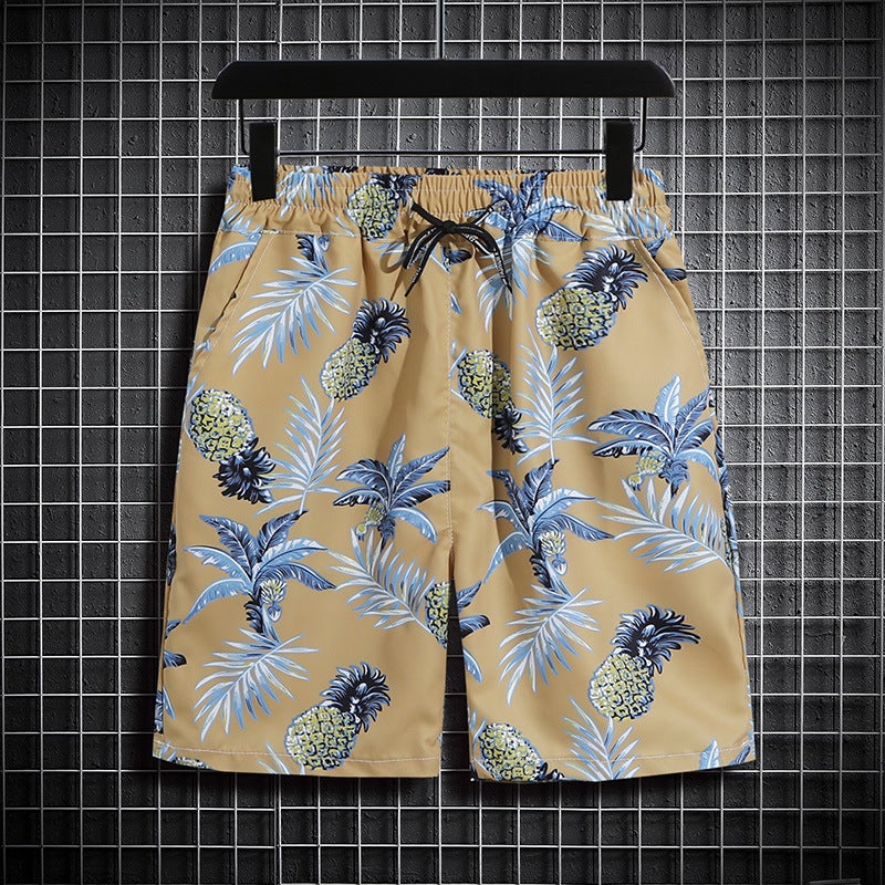 Generic Value three-piece Beach suit mens all-match quick-drying shorts Hainan Island retro Hong Kong style ice silk floral shirt class clothes st64 yellow shorts 