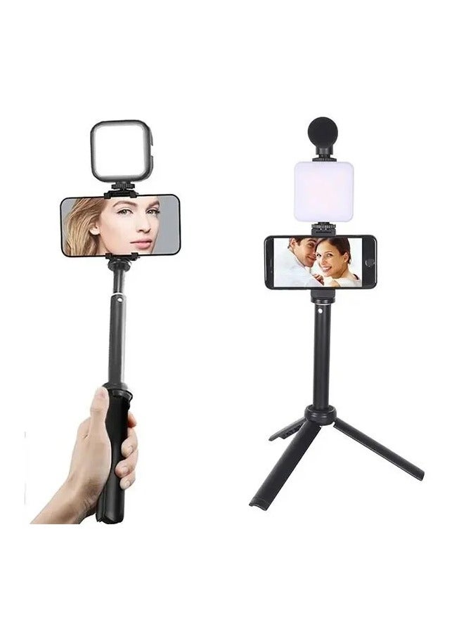 Plokama PK-772 Multifunctional Portable Tripod Phone Stabilizer with Wireless Remote Control Video Recording Kit for Any Mobile Phone with Microphone and LED Light Phone Holder - Black - Image 1