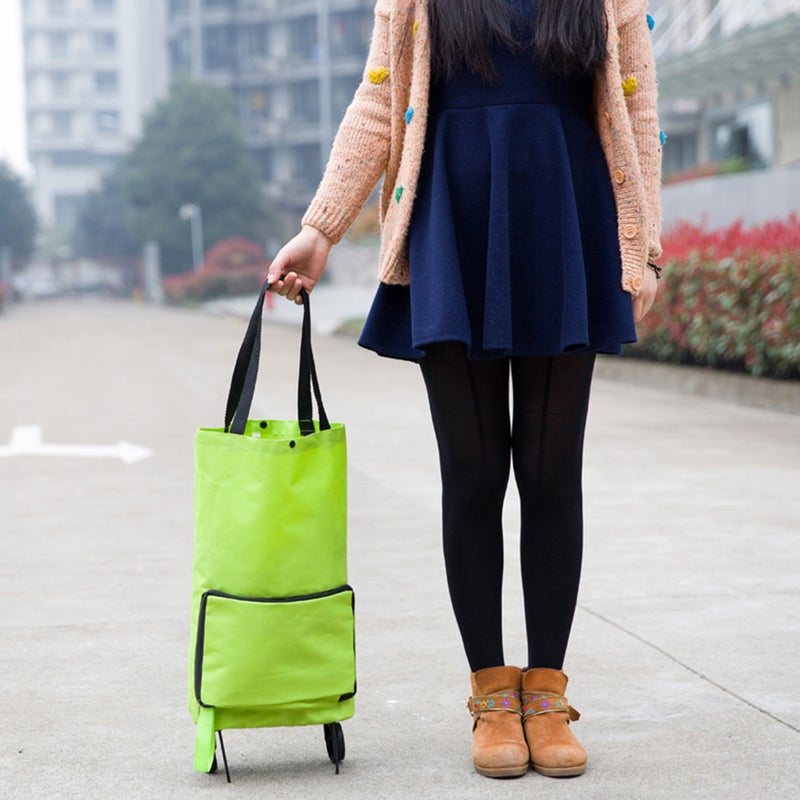 Foldable Reusable Grocery Bags Household Pack Shopping Bag Small Cart Luggage Trolley with Wheels (Green) - Image 3