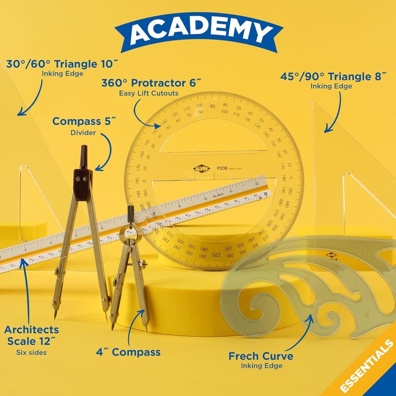 ALVIN Academy Drafting, Drawing and Design Essentials Kit | 13 Pieces | Class Tools for Geometry, Architecture and Engineering Students | Model DDKE2 - Image 2
