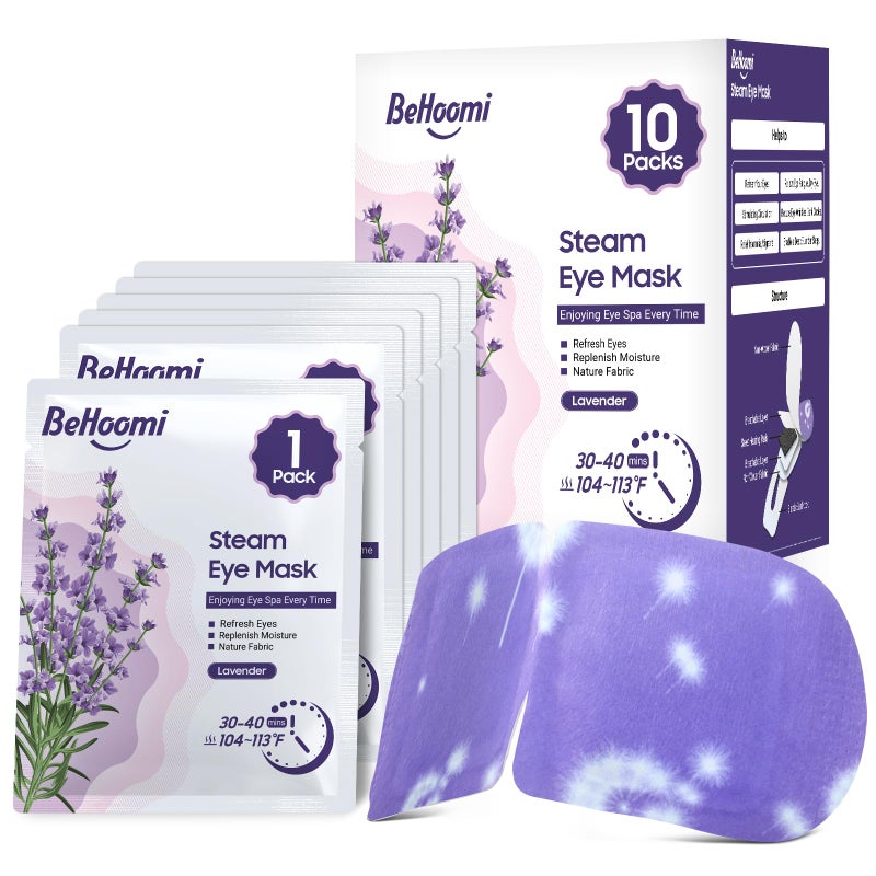 BeHoomi Steam Eye Mask, 10 Packs Heated Eye Mask, Self Heating Disposable SPA Warm Compress for Eyes Sleep Mask, Travel Essentials & Relaxation Gifts, Stocking Stuffers (Lavender Scent) - Image 1