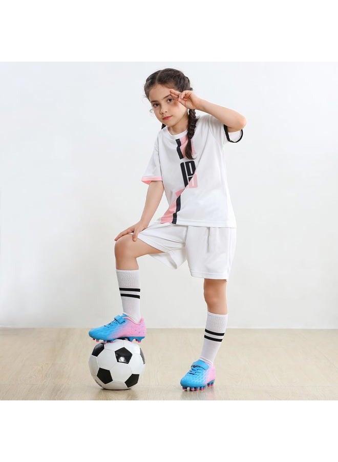 brooman Kids Firm Ground Soccer Cleats Boys Girls Athletic Outdoor Football Shoes, Blue Pink, 12 Little Kid - Image 3