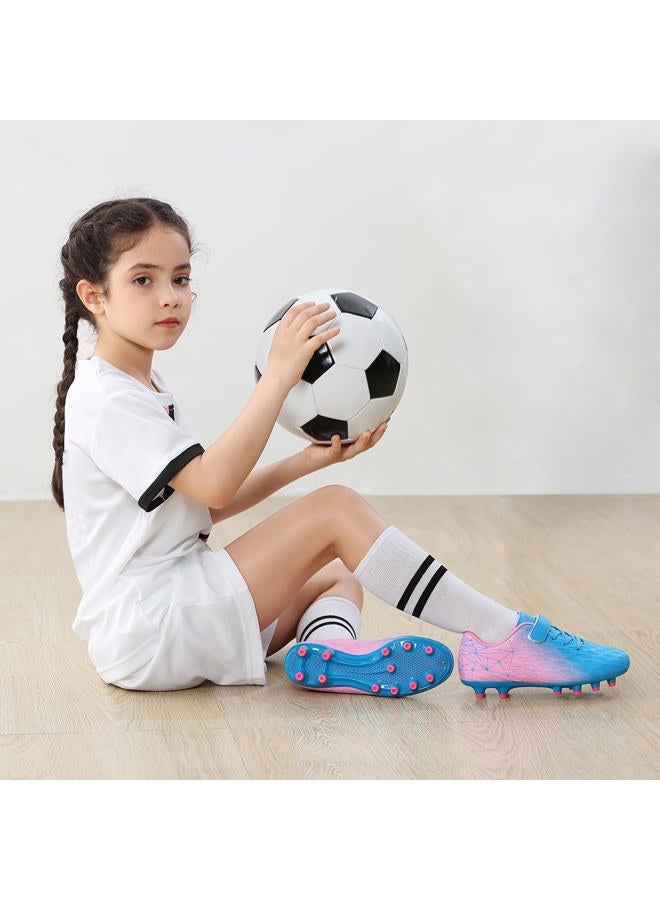 brooman Kids Firm Ground Soccer Cleats Boys Girls Athletic Outdoor Football Shoes, Blue Pink, 12 Little Kid - Image 2