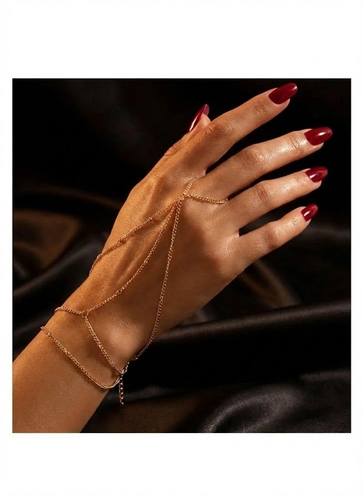 سوار يد رقيق بسلسلة، تصميم خاتم إصبع مطلي بالذهب، مجوهرات أنيقة للنساء