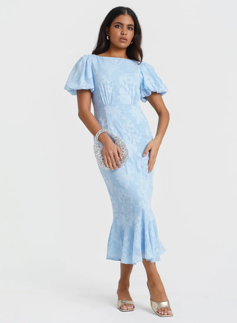 Needs No Label  Blue Jacquard Shimmer Puff Sleeve Midi Dress for Women | Best Price UAE
