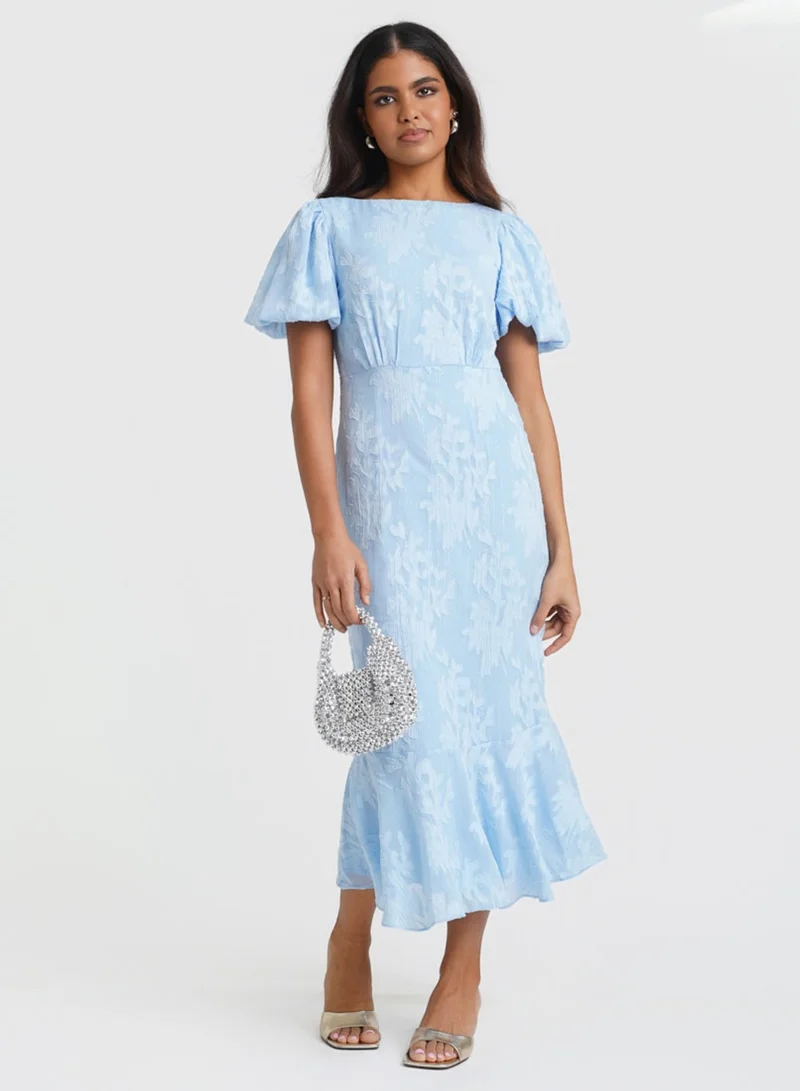 Needs No Label  Blue Jacquard Shimmer Puff Sleeve Midi Dress for Women | Best Price UAE