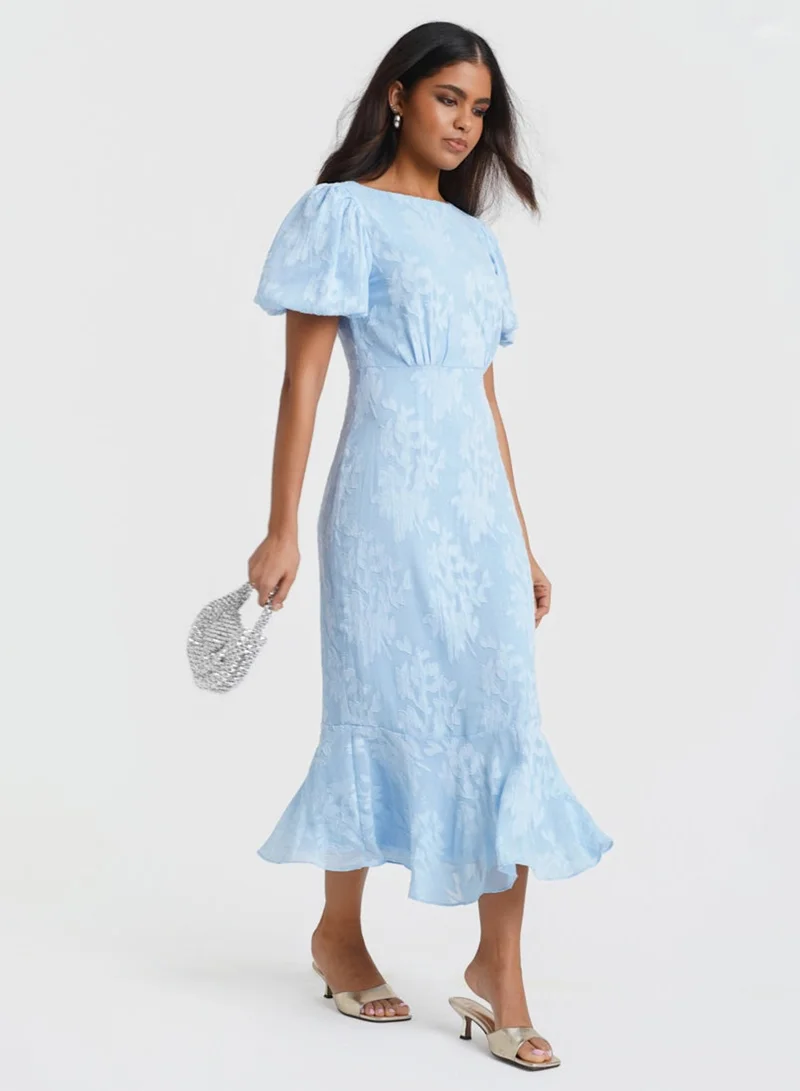 Needs No Label  Blue Jacquard Shimmer Puff Sleeve Midi Dress for Women | Best Price UAE