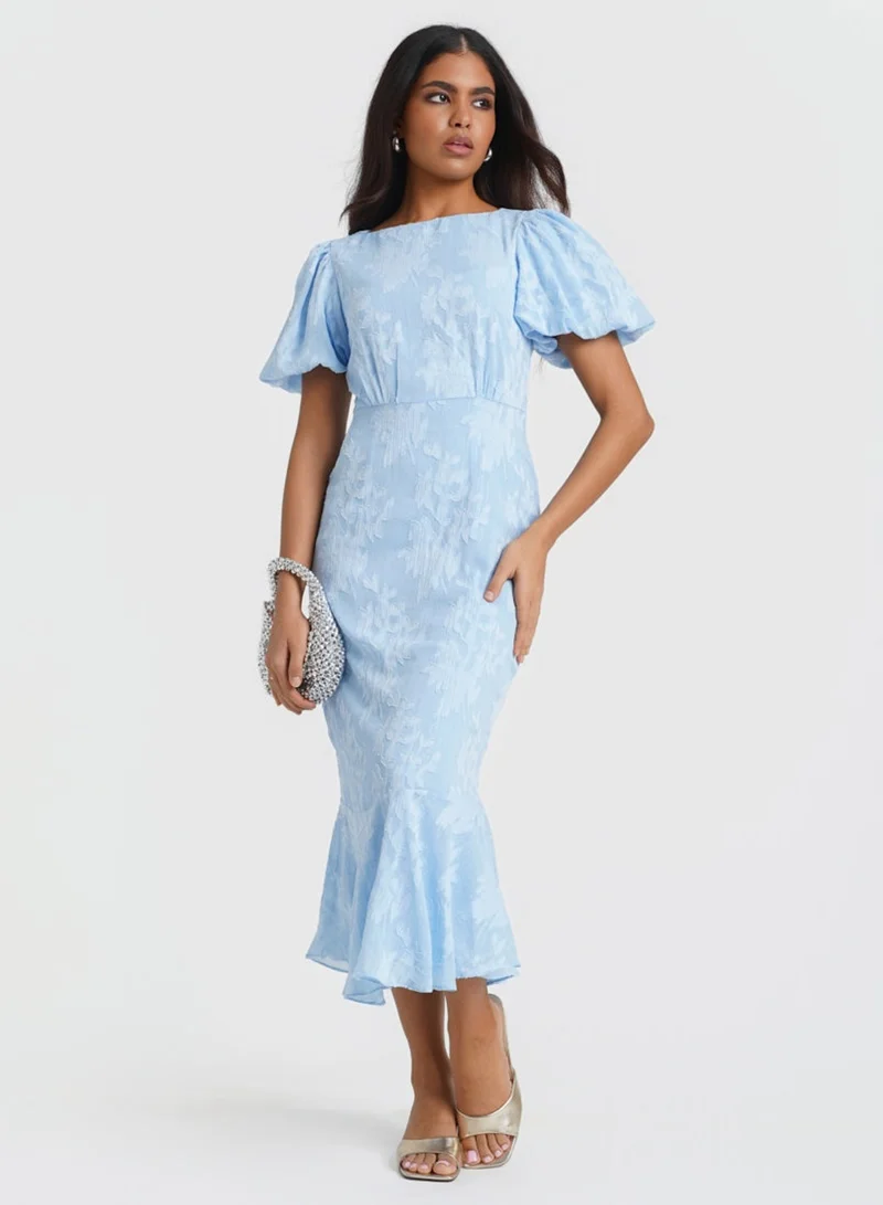 نيدز نو ليبل Blue Jacquard Shimmer Puff Sleeve Midi Dress