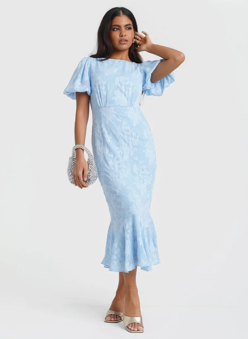 Blue Jacquard Shimmer Puff Sleeve Midi Dress