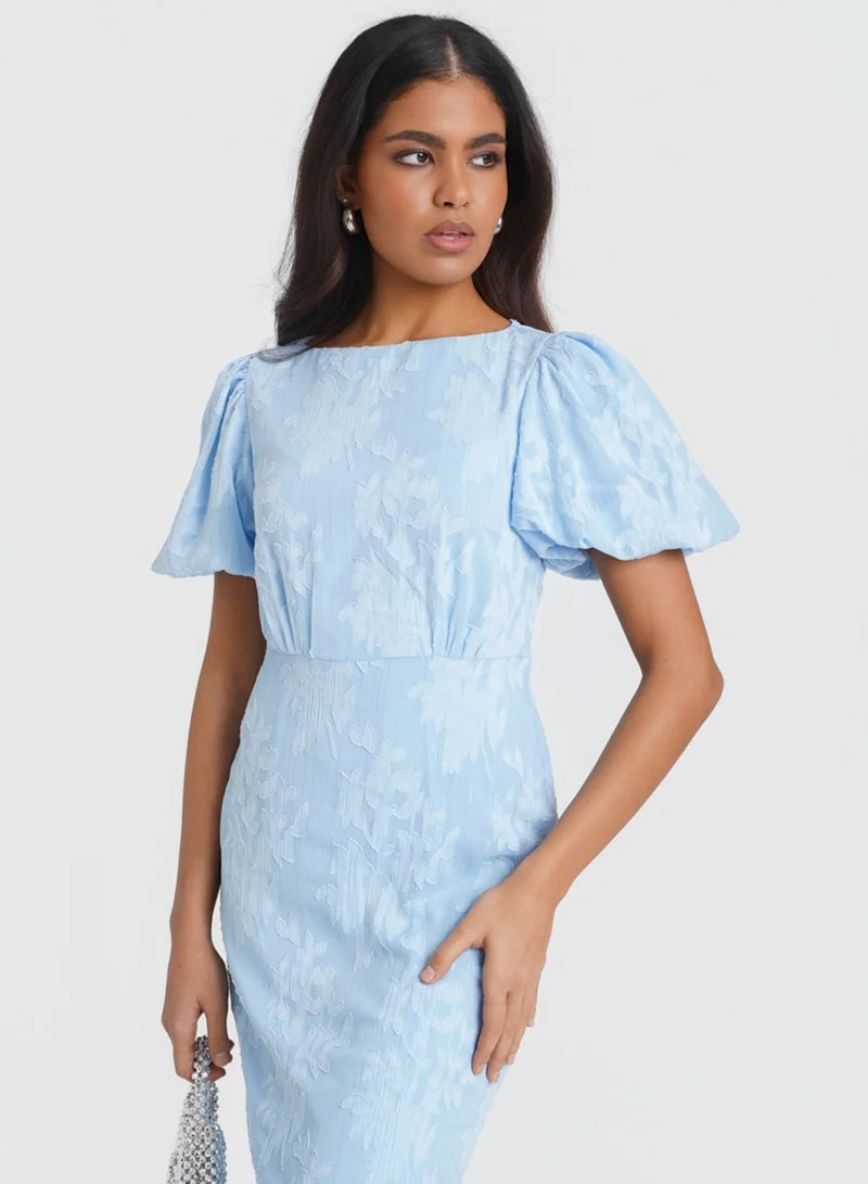 Needs No Label  Blue Jacquard Shimmer Puff Sleeve Midi Dress for Women | Best Price UAE