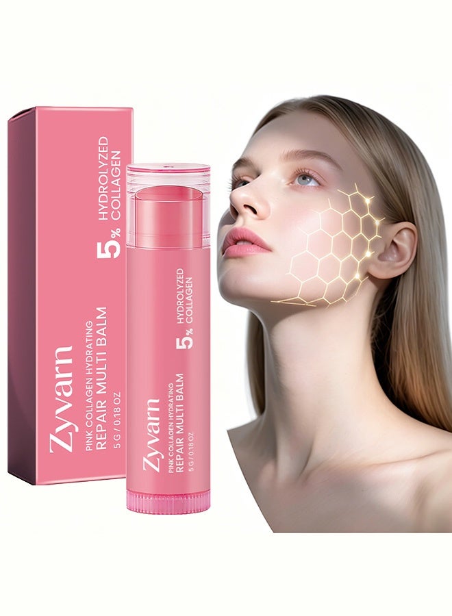 Zyvarn 5% Hydrolyzed Collagen Multi Balm, Pink Collagen Hydrating Repair Stick, Deeply Moisturizes & Repairs Dry, Chapped Lips, Cuticles & Rough Skin, Long-Lasting Hydration, Gentle Formula for Sensitive & Dry Skin, 5G - Image 1