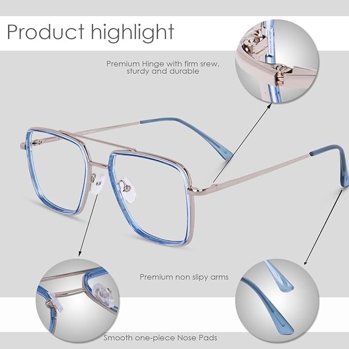 Dervin Blue Light Blocking Blue Cut Zero Power anti-glare Retro Square Eyeglasses, Frame for Eye Protection from UV by Computer/Tablet/Mobile/Laptop (Blue) - Image 3
