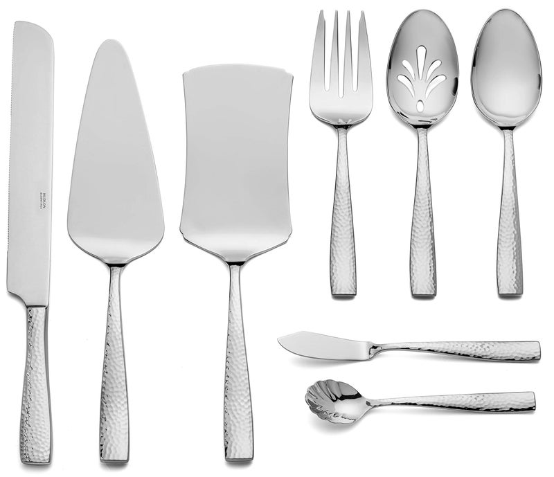 Hudson Essentials Hammered 1810 Stainless Steel Hostess Serving Utensil Set 8Piece Set with Cake Knife Cake Server and Lasagna Pie Server Dishwasher Safe
