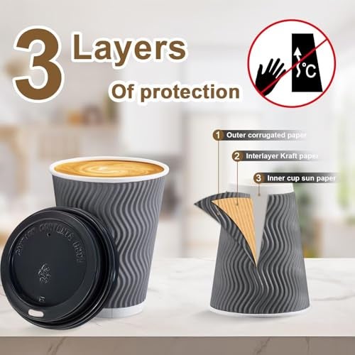 Clawsoff 100 Pack 12 oz Disposable Coffee Cups with Lids, Insulated Ripple Wall To-Go Paper Coffee Cups Suitable for Chocolate Cocoa and Hot/Cold Drinks (Grey) - Image 4