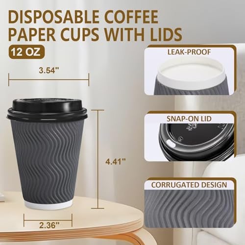 Clawsoff 100 Pack 12 oz Disposable Coffee Cups with Lids, Insulated Ripple Wall To-Go Paper Coffee Cups Suitable for Chocolate Cocoa and Hot/Cold Drinks (Grey) - Image 3