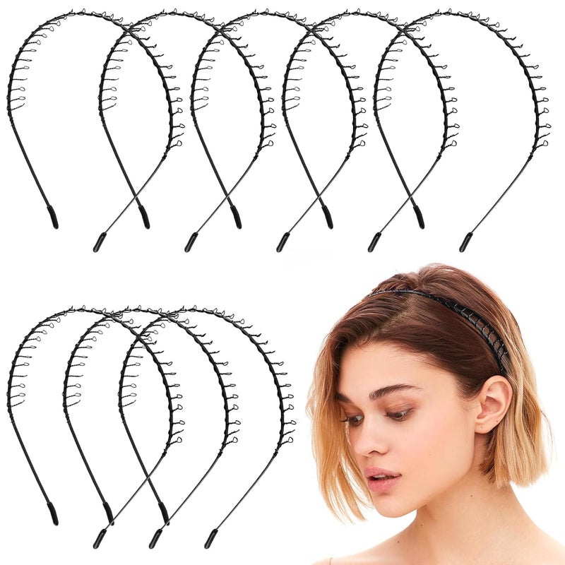 AUEAR 8 Pack Unisex Black Metal Teeth Comb Wavy Hair Band to Hold Short Long Hoop Hairband Headband Accessories