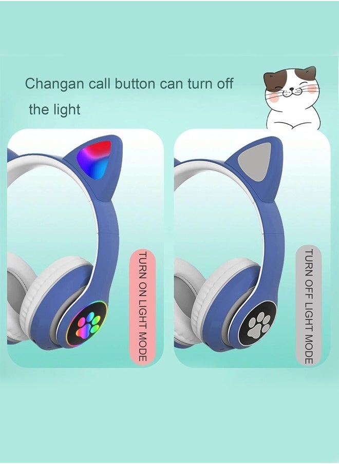 CAT Cat Ear Wired/Wireless Bluetooth Headphones with Microphone for Kids Light Up Bluetooth Foldable Headphones for Fun and Safe Listening Blue  - Image 2