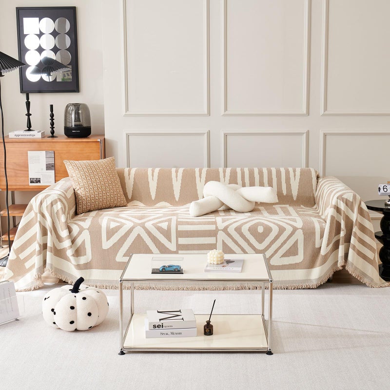 VClife Boho Sofa Cover Sofa Slipcover Thick Chenille White Cream Khaki Couch Cover for 34 Cushion Couch Sofa Reversible Universal Couch Cushion Cover XXL Sofa Protector for Dog Cat 91x150