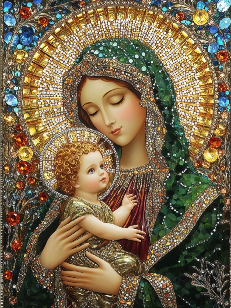 Acelii 5D Diamond Art Kits for Adults Beginners,Holy Mother and Son DIY Full Round Drill Diamond Painting Kits, Paint by Diamonds Dots Gem Art Easy,Home Wall Decor 12X16 Inch - Image 1