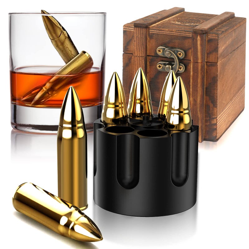 Chouggo Bullet Whiskey Stones with Vintage Wooden Case, Stainless Steel Ice Cubes, Whiskey Gift Set for Men, Dad, Husband, Boyfriend - Image 1