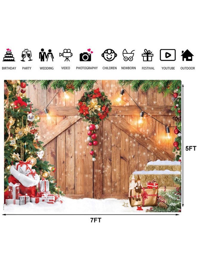 LTLYH 7x5ft Rustic Christmas Barn Wood Door Backdrop for Photography Xmas Tree Snow Gift Wall Floor Party Photo Background Winter Holiday Family Supplies Banner Decoration Studio Props 164 - Image 4