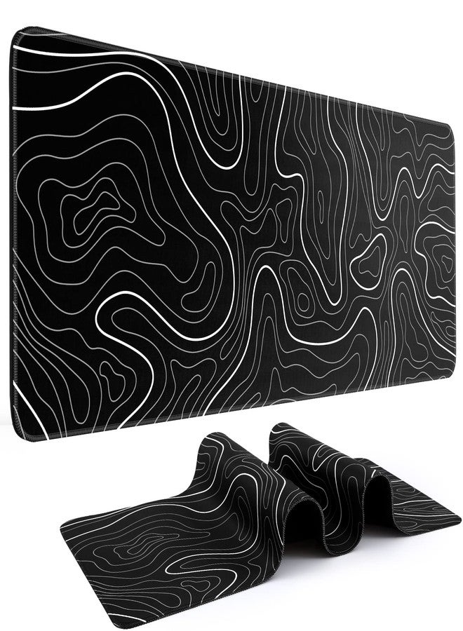 DIGSOM Mouse Pad Gaming Mousepad 31.5 x 11.8in Large Mouse Pad for Keyboard and Mouse with Anti-Slip Rubber Base, Keyboard Pad XL Mouse Mat for Home and Office（Black with White Topographic Line） - Image 1