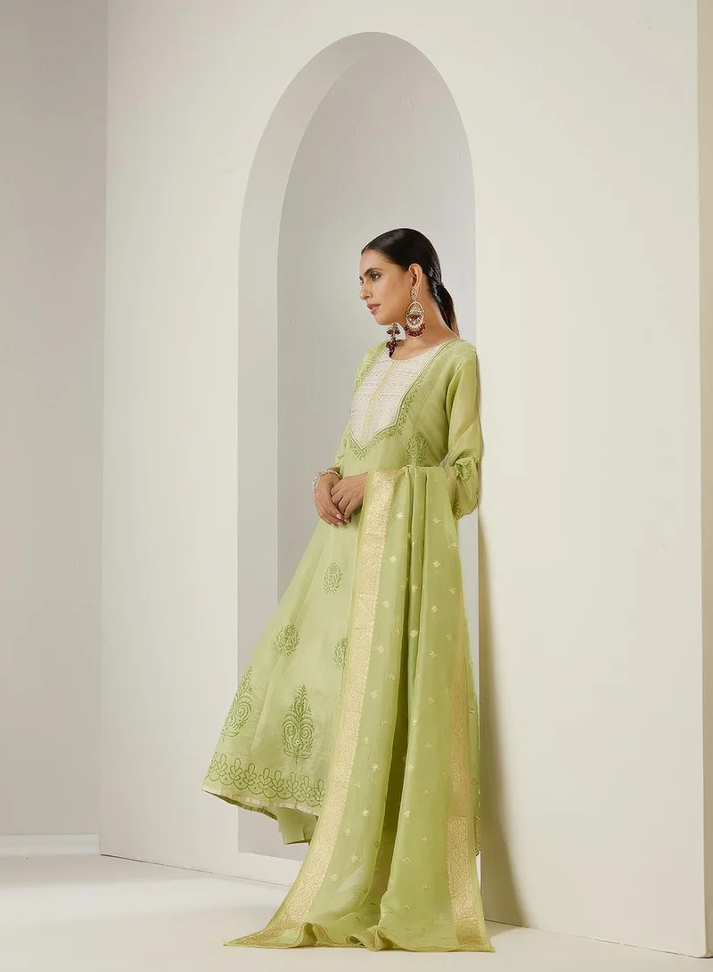ISHIN Anarkali Fit Embroidered Pattern Round Neck Three Quarter Sleeves Yellow Colour Woven Silk Kurta Set