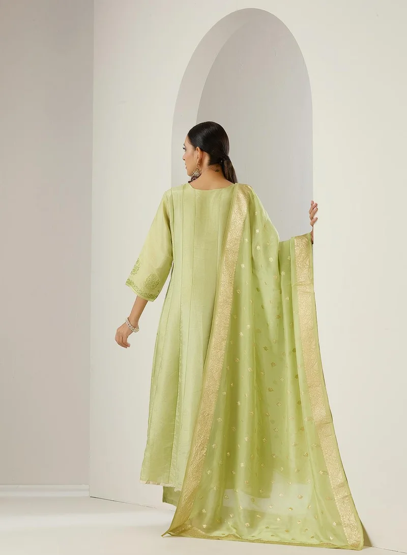 ISHIN Anarkali Fit Embroidered Pattern Round Neck Three Quarter Sleeves Yellow Colour Woven Silk Kurta Set