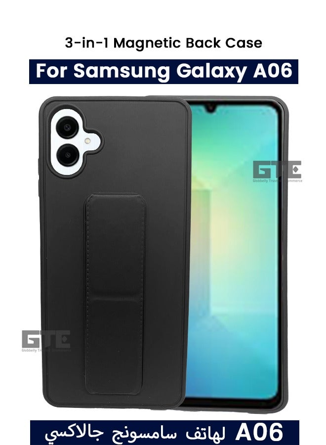3-in-1 Magnetic Wrist Strap Hand Grip Stand Back Case Cover for Samsung Galaxy A06-Black - Image 1