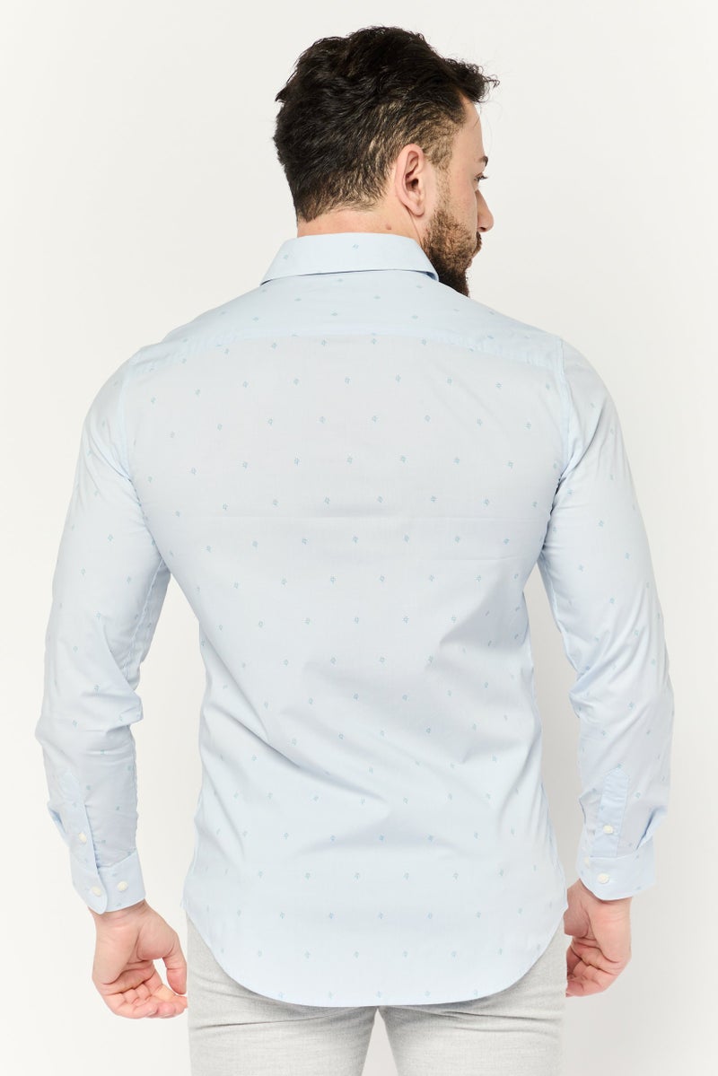 PERRY ELLIS Men Stretch Fit Allover Print Long Sleeves Casual Shirt, Light Blue - Image 4