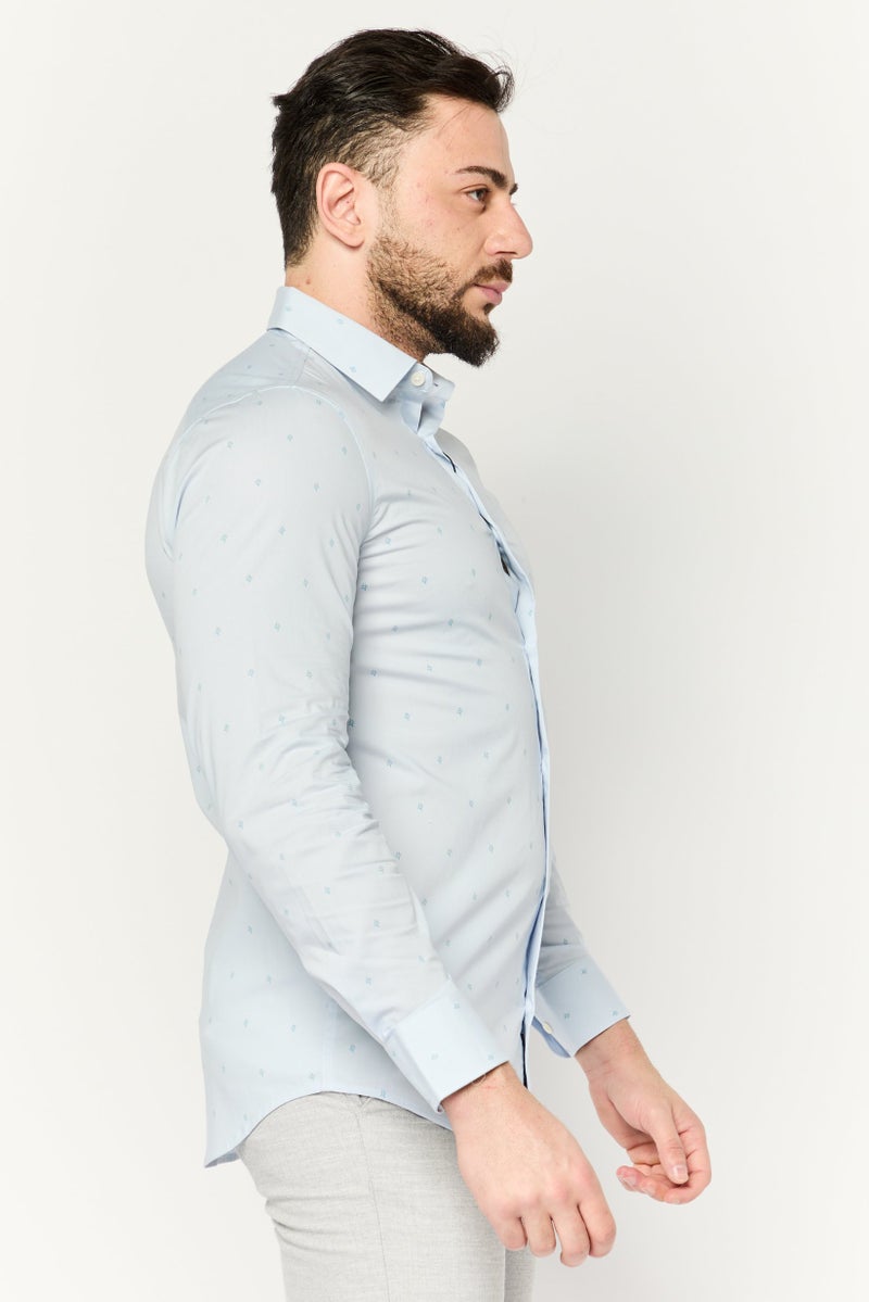 PERRY ELLIS Men Stretch Fit Allover Print Long Sleeves Casual Shirt, Light Blue - Image 3