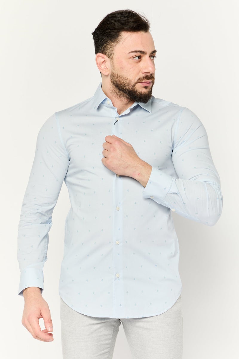 PERRY ELLIS Men Stretch Fit Allover Print Long Sleeves Casual Shirt, Light Blue - Image 1