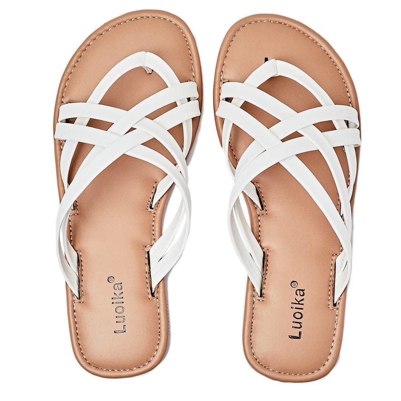 Luoika Women's Wide Width Flat Sandals, Flip Flop Slides Sandal Casual Strapy Sandal Slip on Summer Beach Shoes for Women.White,190102,8XW - Image 1