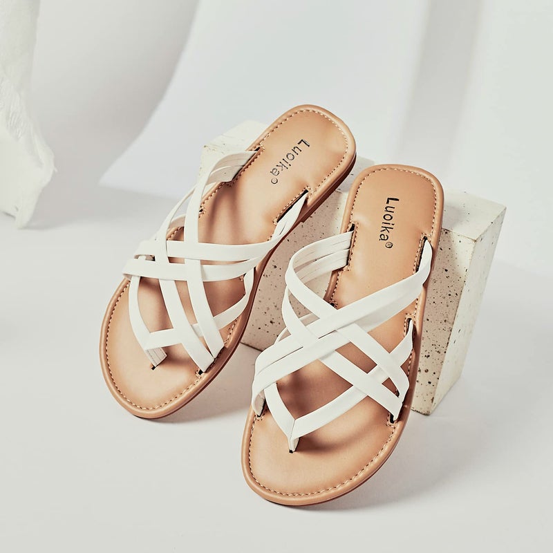 Luoika Women's Wide Width Flat Sandals, Flip Flop Slides Sandal Casual Strapy Sandal Slip on Summer Beach Shoes for Women.White,190102,8XW - Image 2