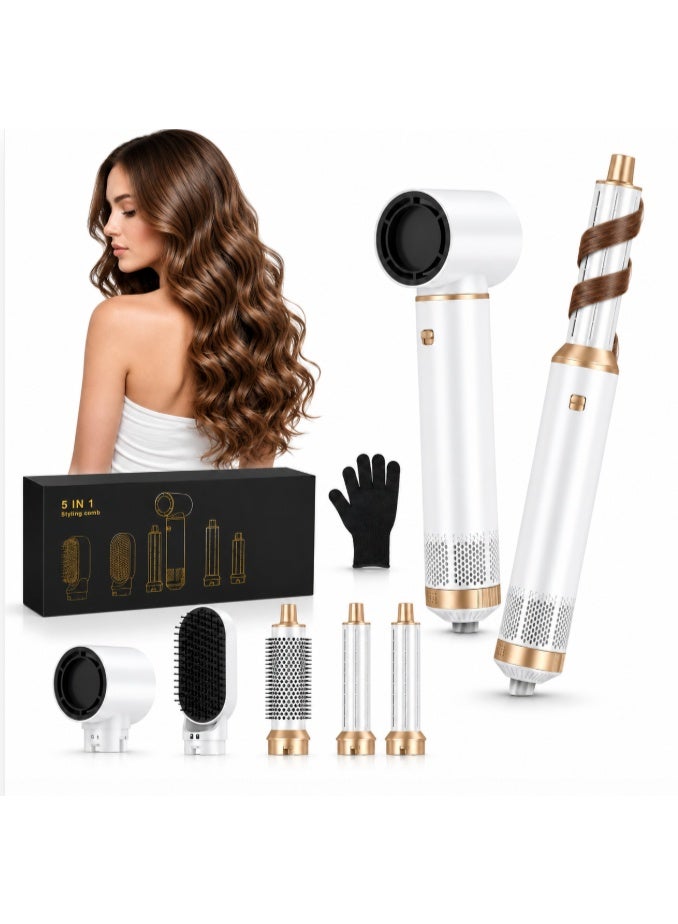 UKLISS Multi-Styler 5 IN 1 Negative Ion Blow Dryer Brush Set, 1000W Upgrade Hot Air Brush Air Curler, Button Instant Heat Up Hair Curler Three speed temperature control Hair Styling Tools with 5 Interchangeable Curling Iron for Hair Drying/Straightening/Curling/Hair Comb Gift for White/with Heat Protective Glove - Image 1