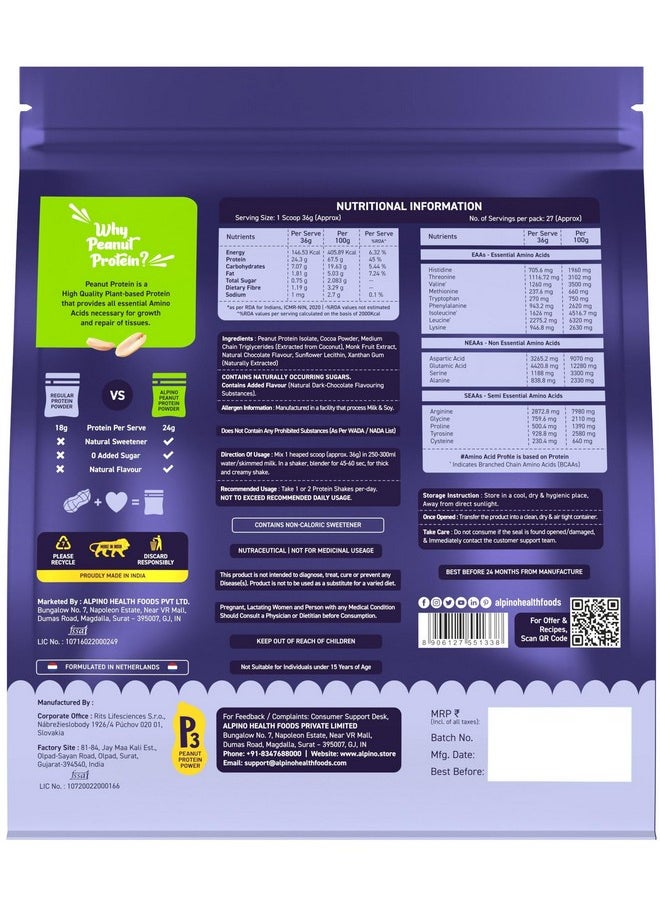 Alpino - Supernatural Peanut Protein Powder Dark Chocolate 1Kg - 100% Plant-Based, High-Performance Protein - 24G Protein, 5.1G Bcaas, No Added Sugar, Gluten-Free, Non-Gmo, Vegan - Image 1